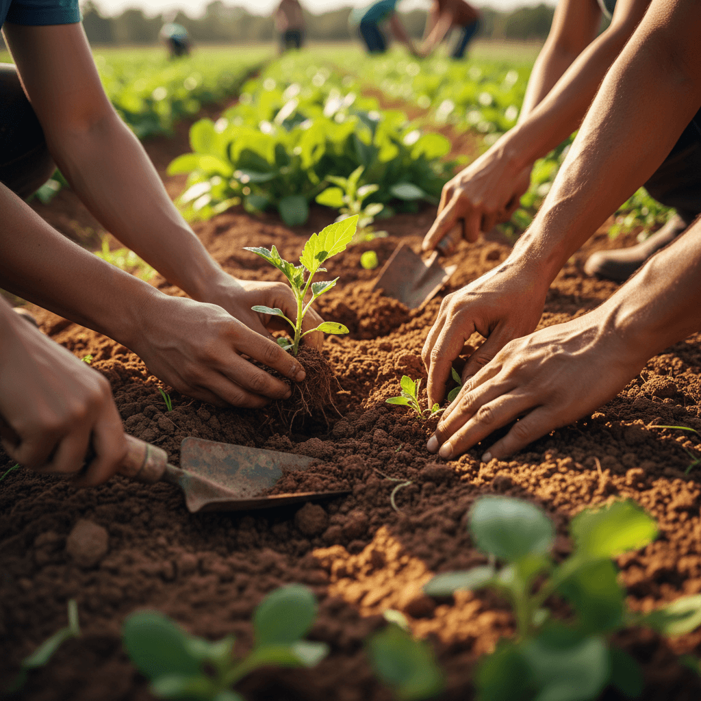 Hands planting seedlings in sustainable agriculture initiative