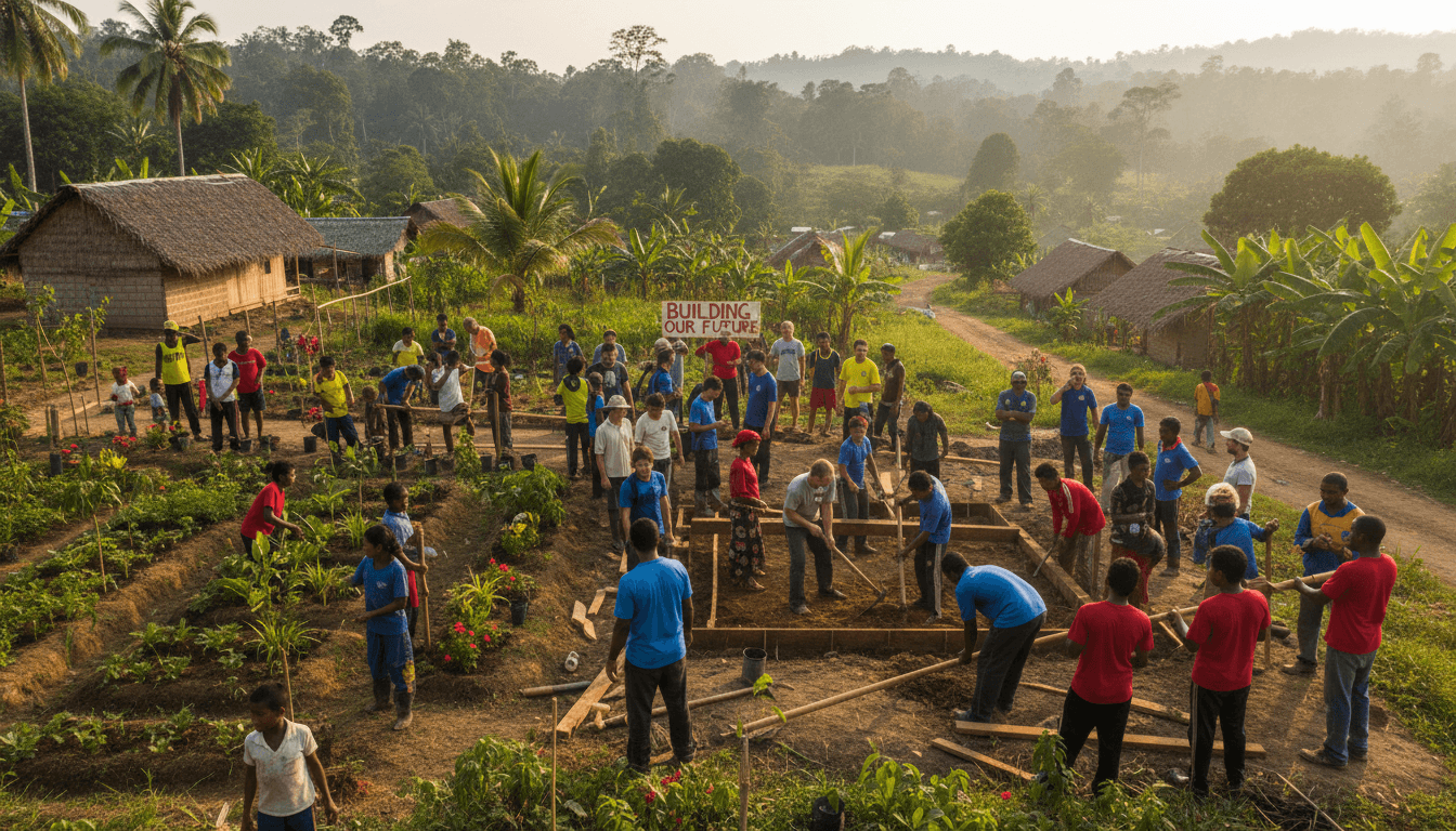 International development volunteers collaborating on community project