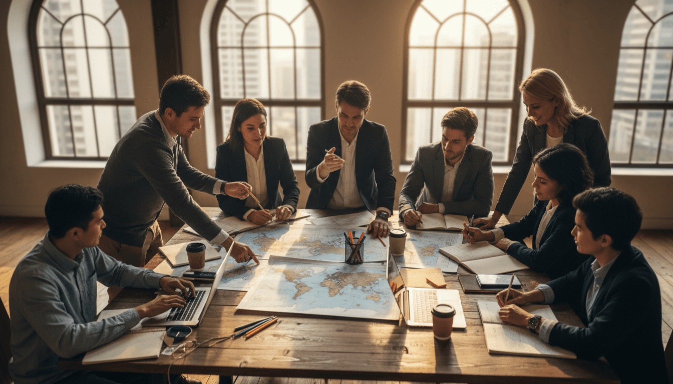 Team members collaborating on global initiatives at a shared workspace in Munich