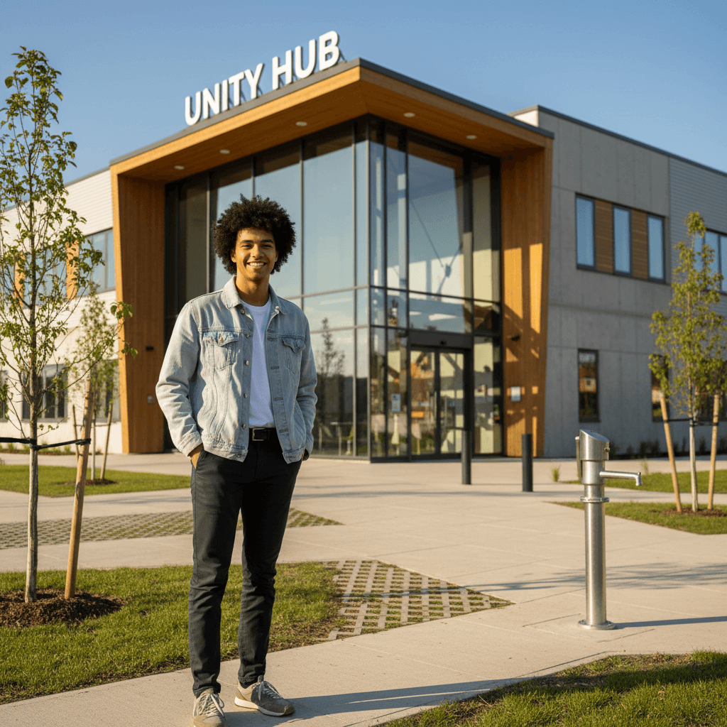 Young community member stands before new community infrastructure