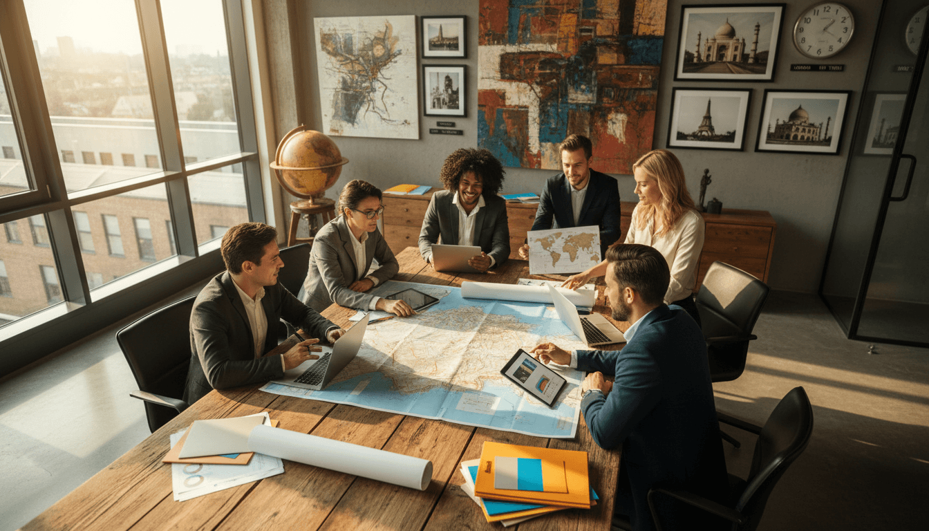 Diverse international team collaborating on global initiatives