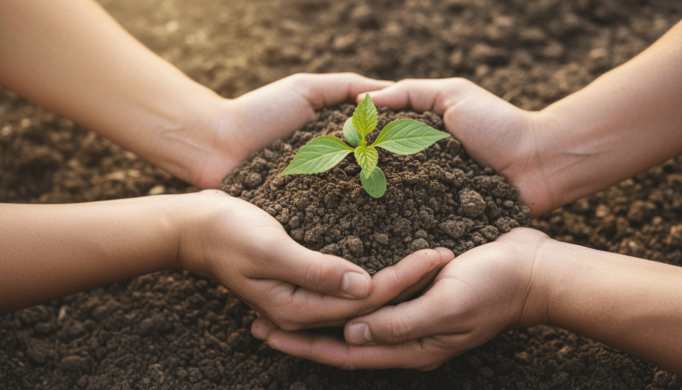 Hands holding a young seedling in soil, symbolizing environmental restoration