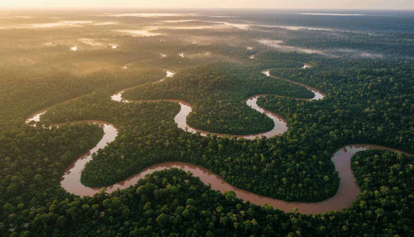 Aerial view of pristine tropical rainforest canopy with winding rivers