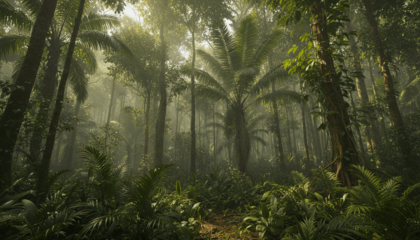 Lush tropical rainforest canopy with sunlight filtering through dense vegetation