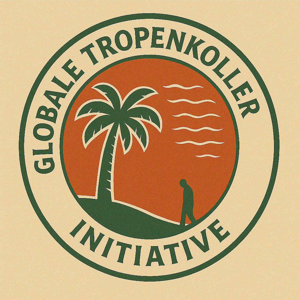 Retro circular logo with palm tree, orange sun, and walking silhouette, reading GLOBALE TROPENKOLLER INITIATIVE.